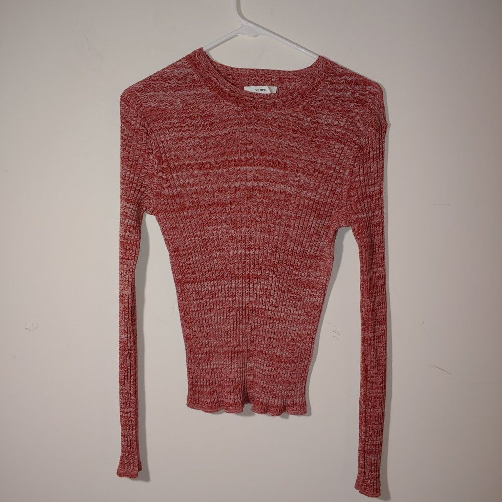 VINCE Marled Wool-Cotton Sweater Size M Sangria Off White/Red